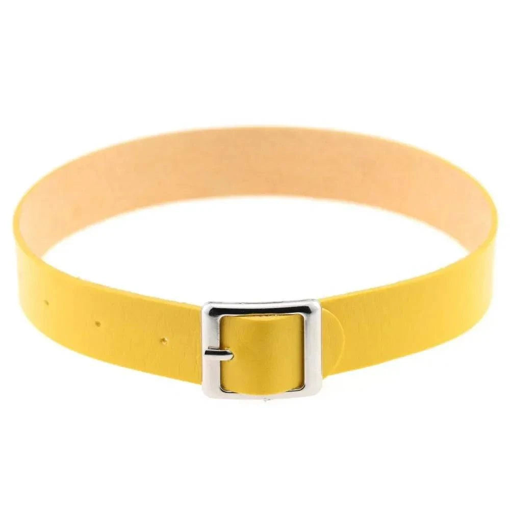 Belt Collar Choker Necklace in yellow leather with silver buckle.