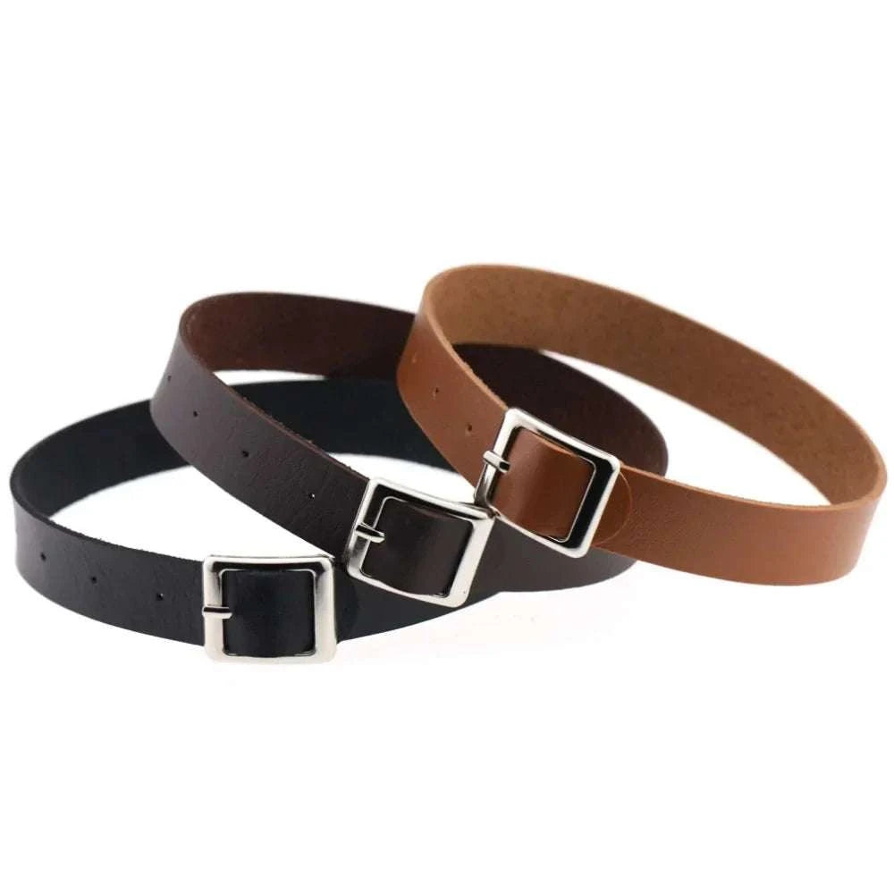Brown and black belt collar choker necklaces with buckle closure.