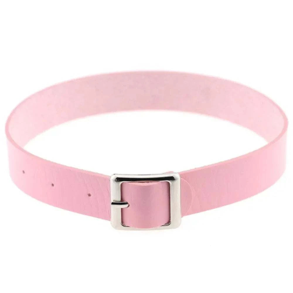 Pink belt collar choker necklace with adjustable buckle.