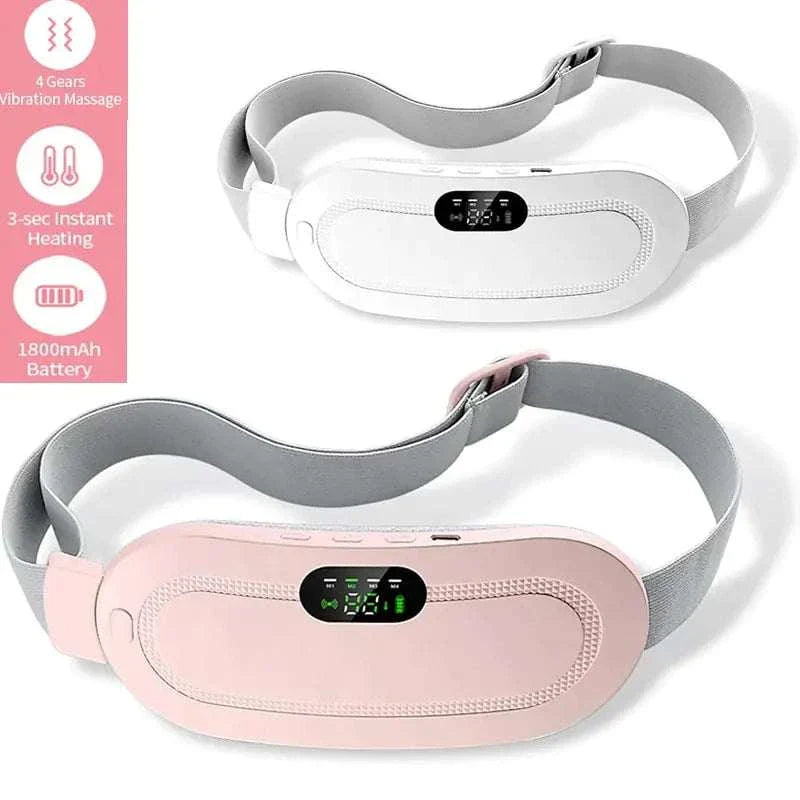 Menstrual heating waist belt with adjustable strap for cramp relief, featuring vibration massage and instant heating.