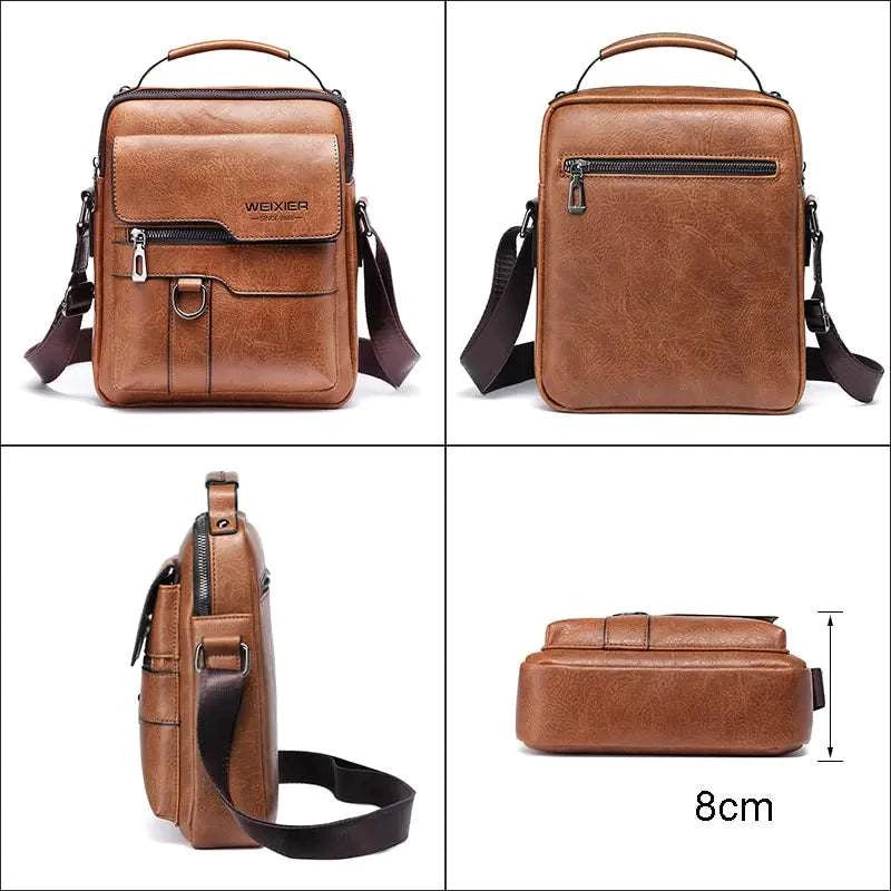 Brown men's crossbody bag with multiple compartments and adjustable strap.