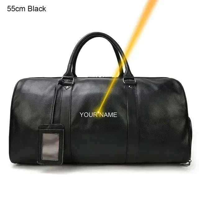 Black genuine leather travel bag with customizable name option, featuring spacious interior and multiple compartments.