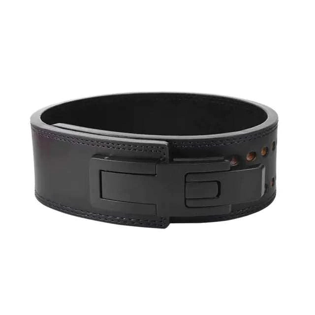 Black leather support training belt for weightlifting and strength training.