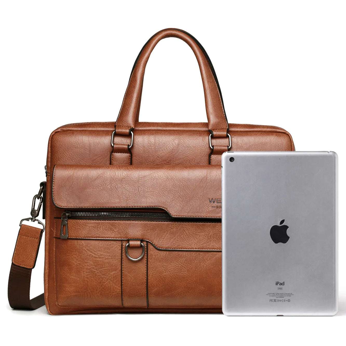 2024 Men Briefcase Bag in premium PU leather with front zipper pocket and shoulder strap, showcasing modern business style.