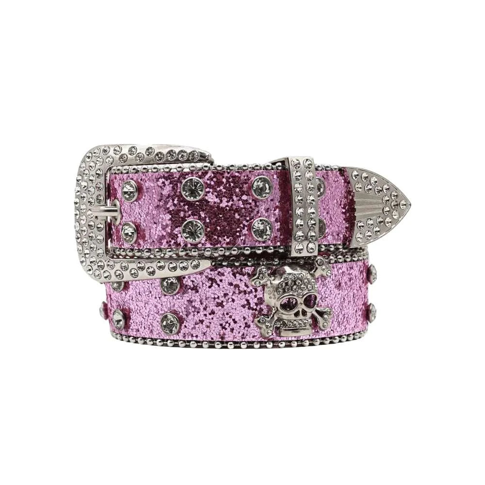 Purple rhinestone skull belt with intricate detailing and sparkling design.