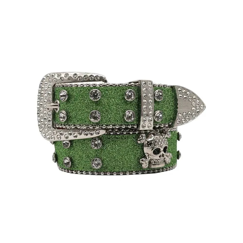 Green Rhinestone Skull Belt with sparkling rhinestones and unique skull design for edgy elegance.