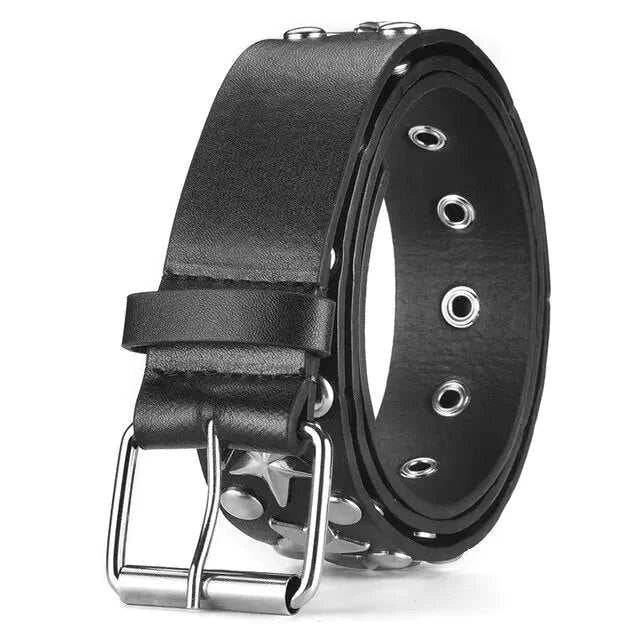 Star decoration wide belt, black, with metal eyelets and buckle.