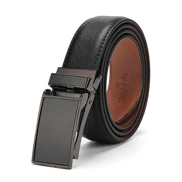 Men's leather belt with sleek metal buckle, adjustable fit, and timeless design.