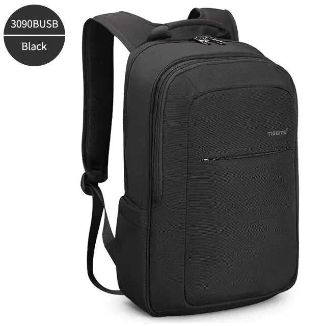 Black laptop backpack with anti-theft features for 15.6-inch laptops, ideal for travel and daily use.