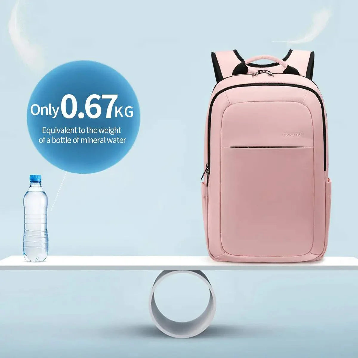 Lightweight pink laptop backpack with anti-theft features, weighing 0.67 kg, next to a water bottle for comparison.