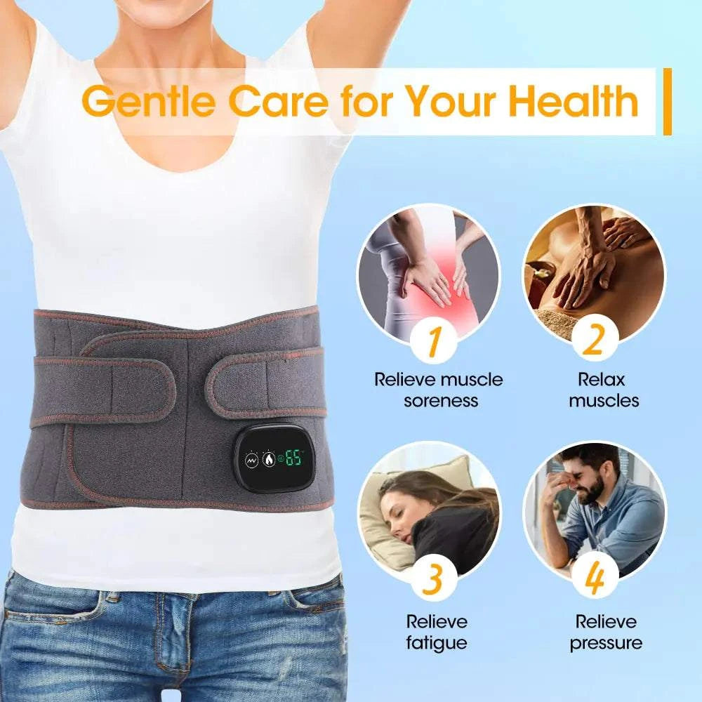 Electric heating massage belt for pain relief and relaxation, ergonomic design, adjustable settings.