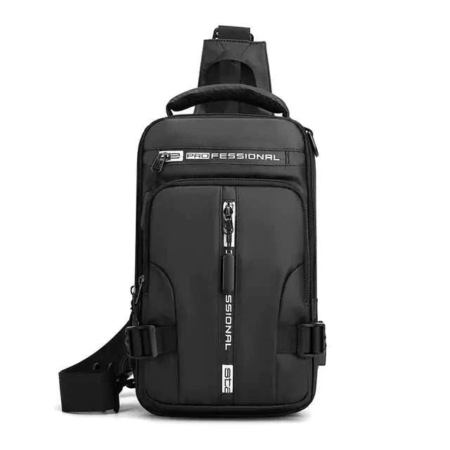 Sleek black USB Charging Body Bag with built-in USB port and multiple compartments.