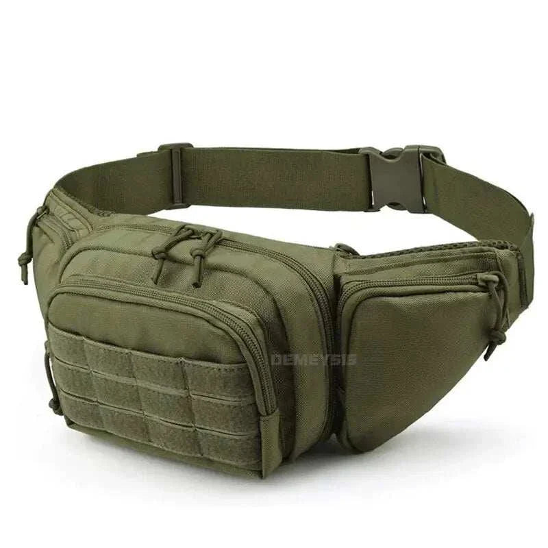 Tactical gun waist bag holster with adjustable strap and multiple compartments for secure firearm access.