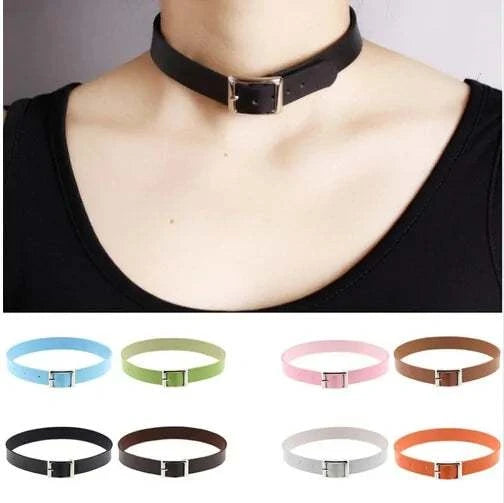 Belt collar choker necklace in various colors with a buckle design.