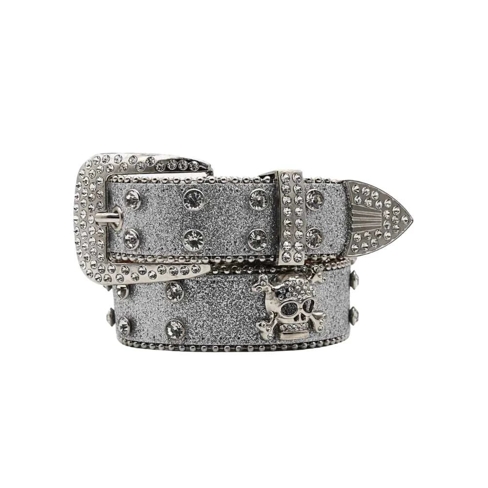 Rhinestone Skull Belt with sparkling rhinestones and skull design for edgy elegance.