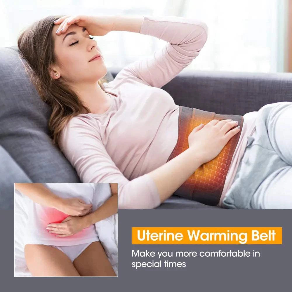 Woman relaxing with an electric heating massage belt for pain relief and comfort.