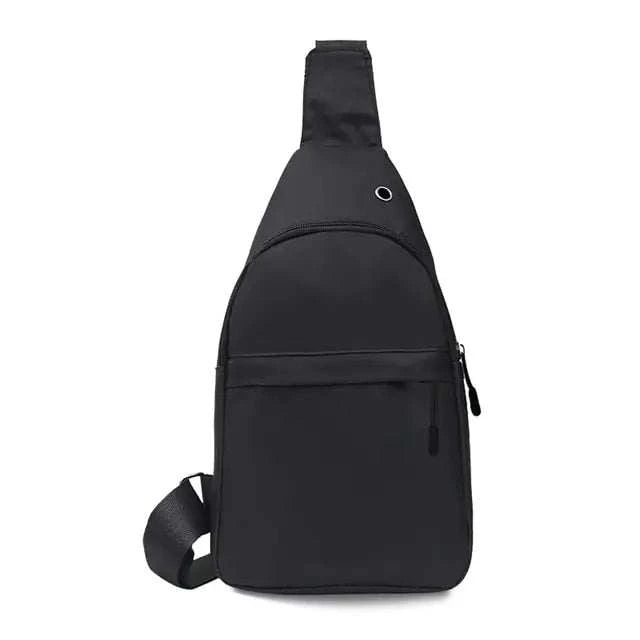 Men chest bag in black canvas with zipper closures and multiple compartments.