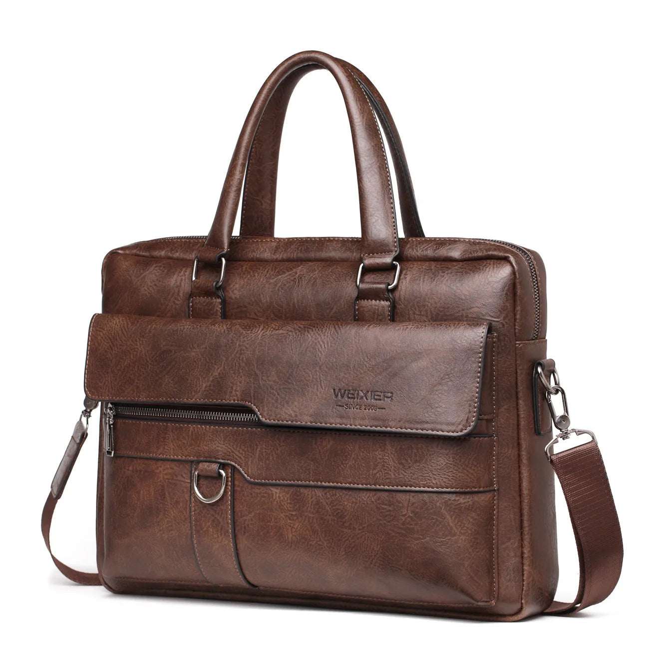 2024 Men Briefcase Bag in premium PU leather, spacious for 14-inch laptop, brown, with shoulder strap and sleek design.