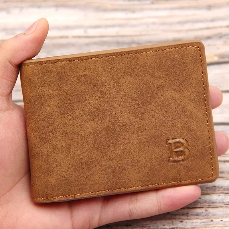 Men's wallet with coin bag, brown leather, sleek design.