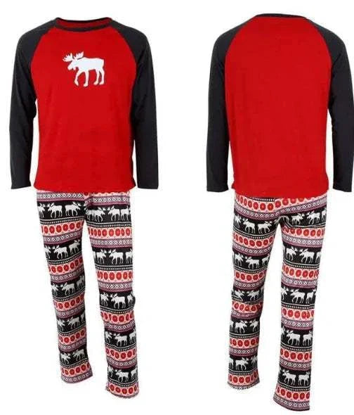 Cozy family Christmas pajamas with festive red and black design featuring moose and geometric patterns.