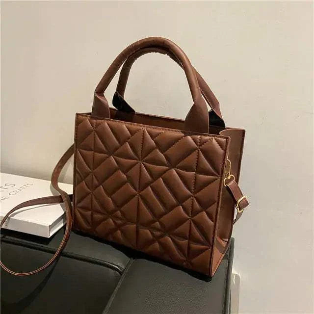 Fashion Shoulder Bag with diamond lattice design in brown PU leather.