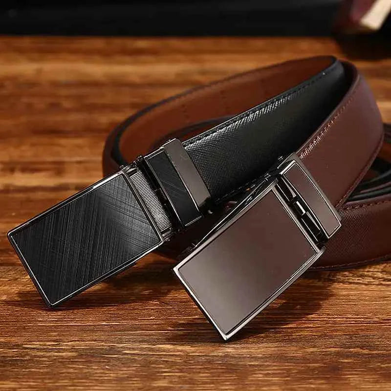 Men's belt with sleek design and metal buckle, black and brown leather, versatile style.