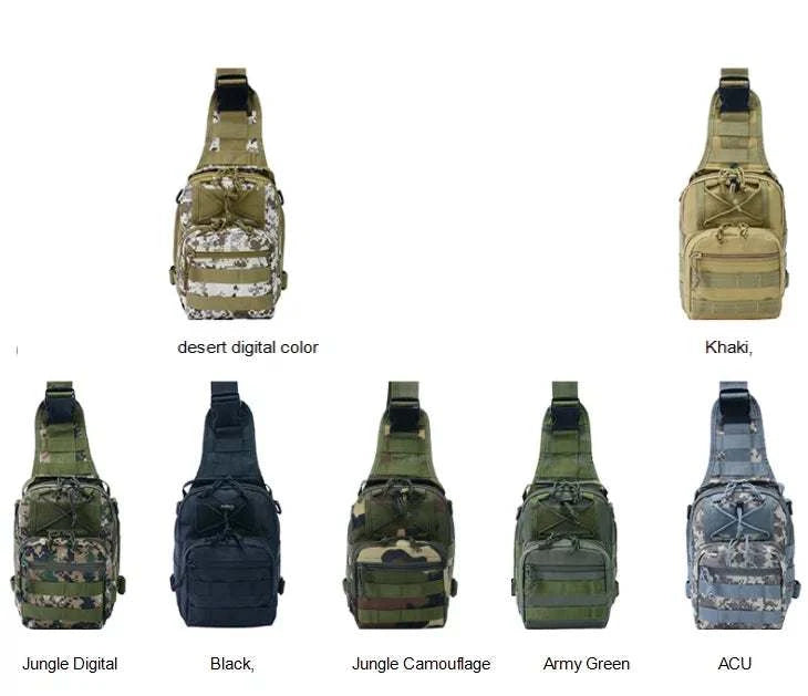 Military Tactical Shoulder Bag in various colors and camo patterns including desert digital, khaki, jungle digital, black, jungle camouflage, army green, and ACU.