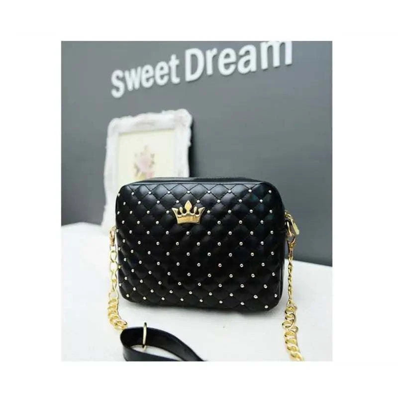 Rivet Chain Crown Bag with rivet design, stylish chain strap, and crown detail.