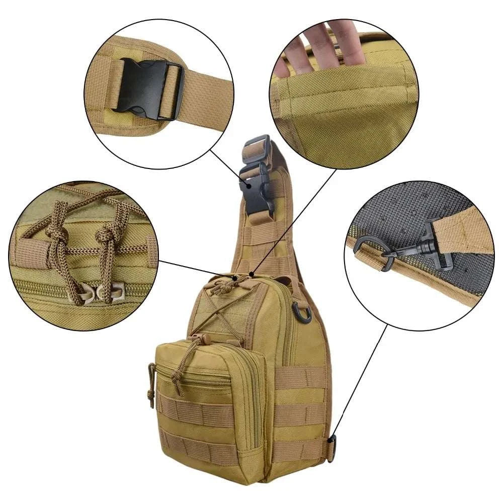 Military tactical shoulder bag showcasing adjustable sling, durable buckles, and multiple compartments.