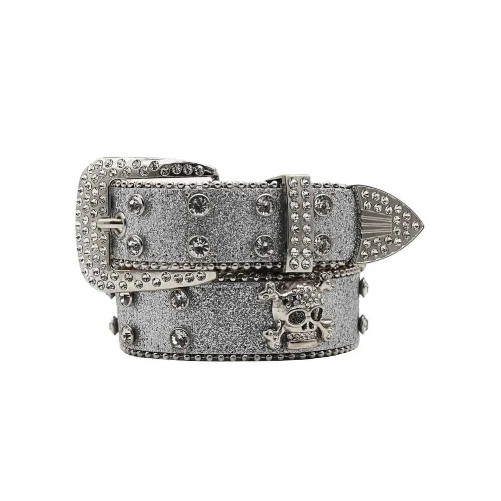 Rhinestone Skull Belt with sparkling rhinestones and skull design.