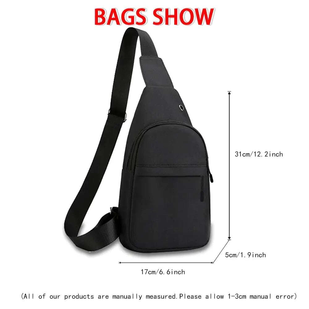 Men Chest Bag in black canvas with multiple pockets and zipper closures, ideal for outdoor activities and casual style.