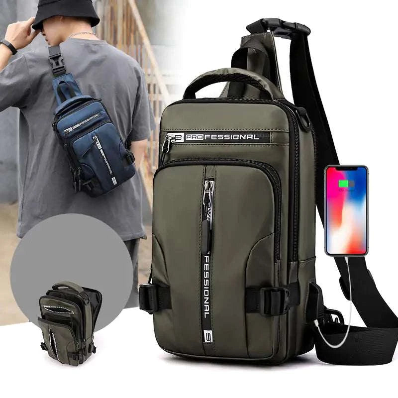 USB Charging Body Bag with built-in USB port and multiple compartments, shown in stylish design for travel and daily use.