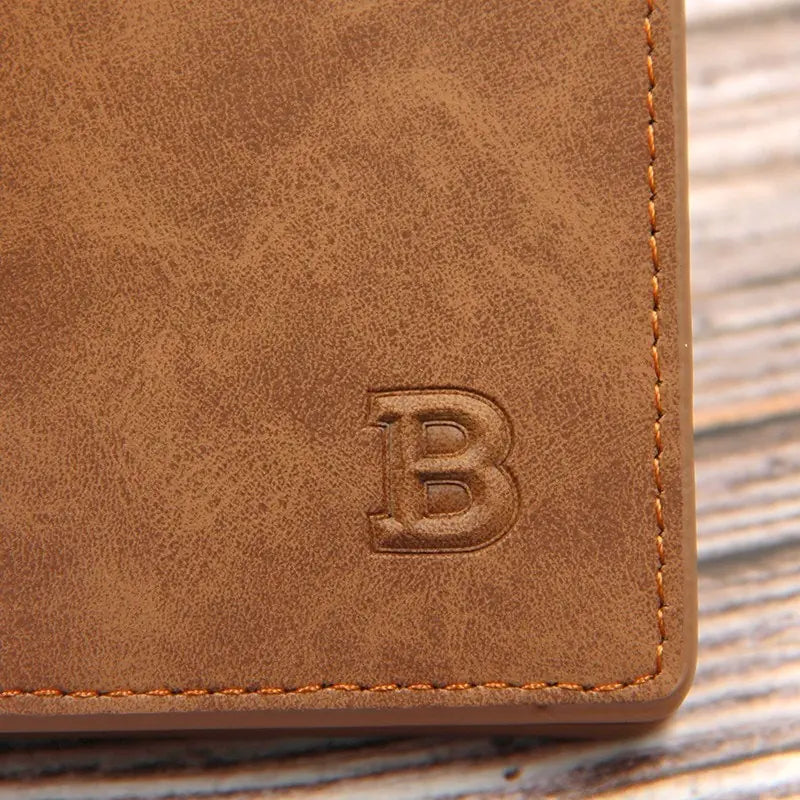 Men's wallet with embossed 'B' logo, featuring quality stitching and sleek design.