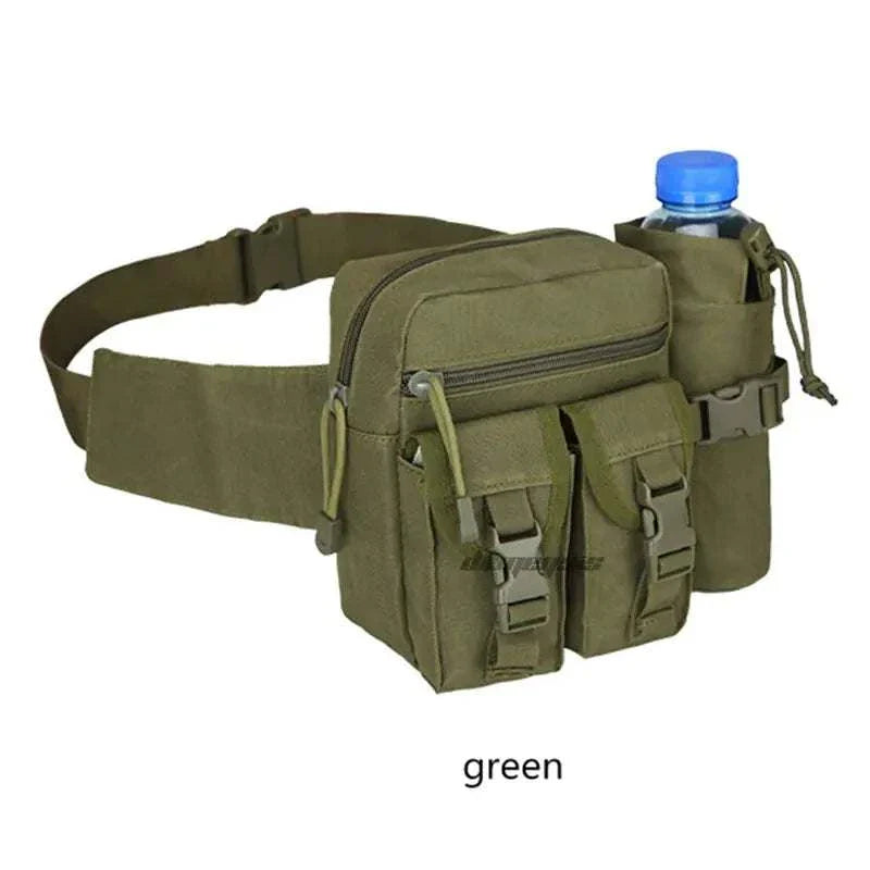 Tactical Gun Waist Bag Holster in green with adjustable belt, multiple compartments, and a water bottle holder.