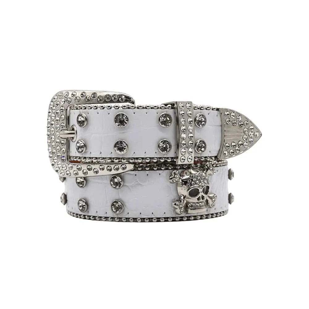 Rhinestone Skull Belt with sparkling rhinestones and skull design for edgy elegance.