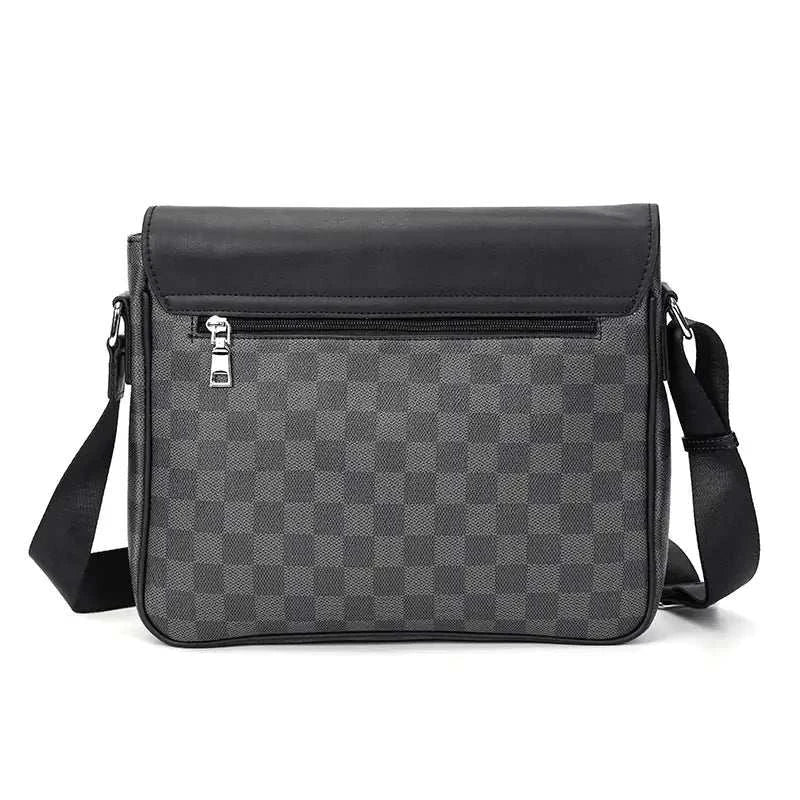 Trendy leather shoulder bag with grid pattern, adjustable strap, and lid closure.