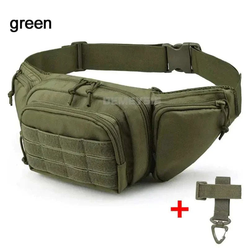 Green tactical gun waist bag holster with adjustable strap and multiple compartments.