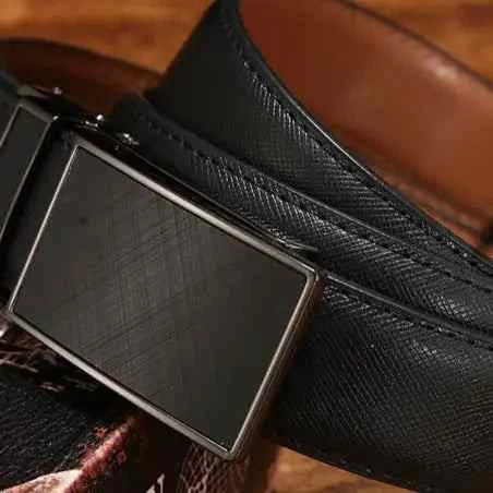 Men's black leather belt with sleek metal buckle, elegant design, and adjustable fit.