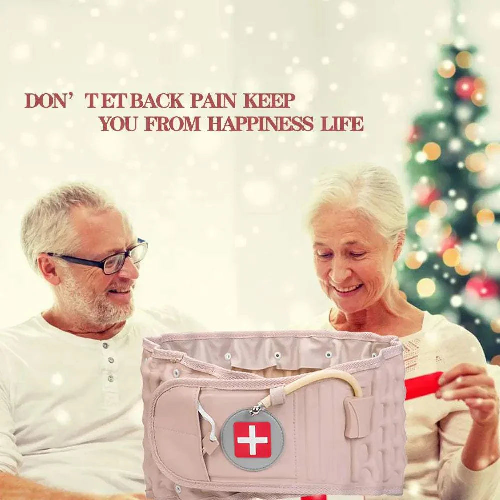 Elderly couple with lumbar support decompression belt during the holiday season.