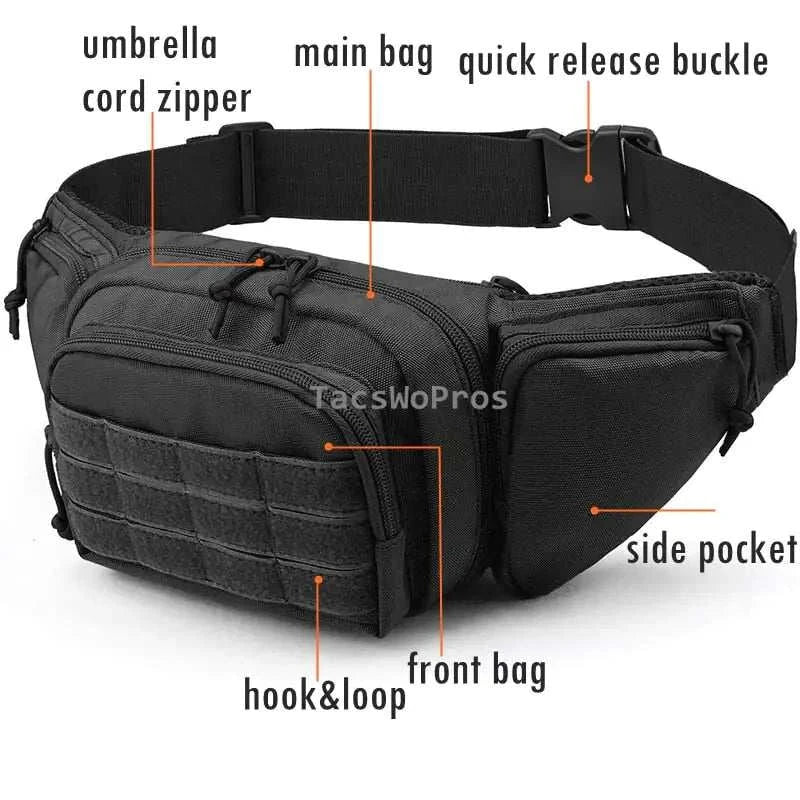 Tactical Gun Waist Bag Holster with quick release buckle, main bag, and side pocket for easy firearm access and secure storage.