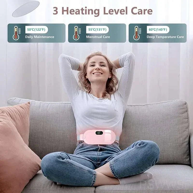 Woman using menstrual heating waist belt for pain relief with adjustable strap; features three heating levels for personalized comfort.