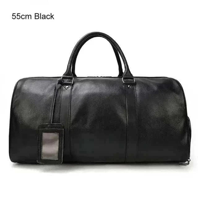 Black genuine leather travel bag, 55cm, with handles and sleek design.