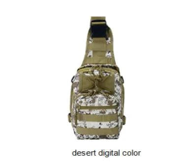 Military tactical shoulder bag in desert digital color, durable nylon fabric with multiple pockets.