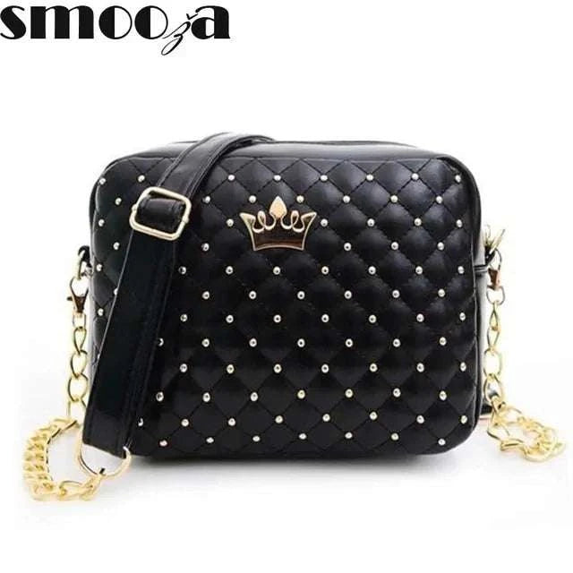 Rivet Chain Crown Bag with bold rivet design, chain strap, and crown detail.