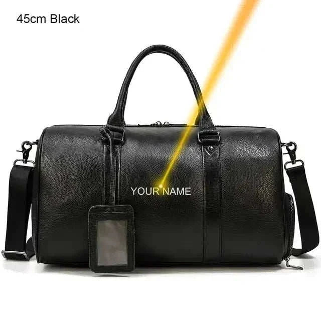 Black genuine leather travel bag with personalized name tag, featuring ergonomic padded straps and a spacious interior for organized travel.