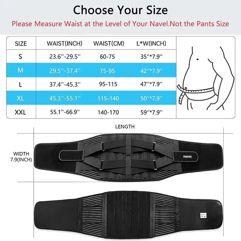 Back Lumbar Support Belt size chart and design details.