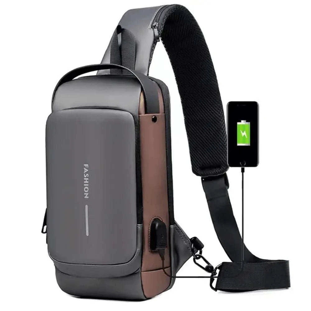 USB charging shoulder bag with phone, durable and waterproof design.