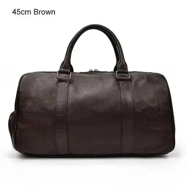 Brown genuine leather travel bag, 45cm, with sturdy handles.