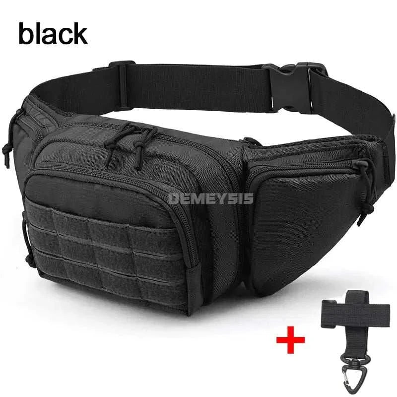 Black tactical gun waist bag holster with multiple compartments and adjustable strap.