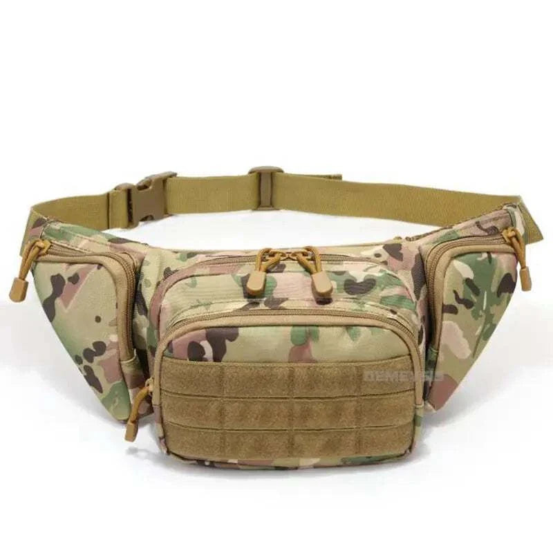 Tactical gun waist bag holster in camo design with multiple compartments for firearm access and storage.